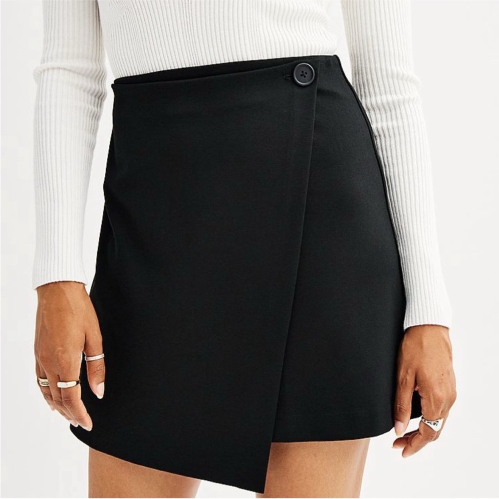 SO‎ Black Ponte Faux Wrap Mini Skirt Pull On Elastic Waist Women's Small Office